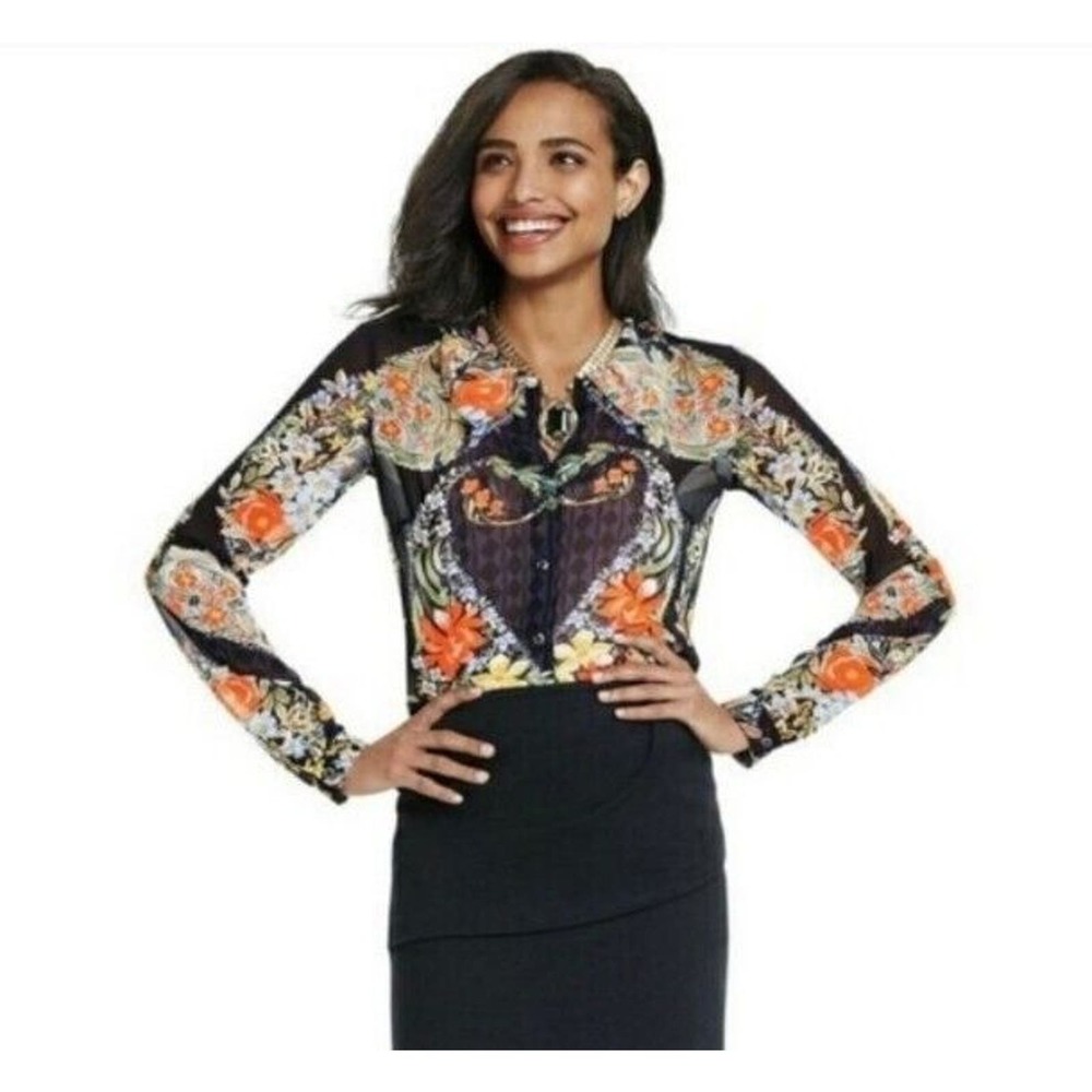 CAbi‎ Top Small Amour Floral Button Down Blue Long Sleeve Womens Career Business - Picture 2 of 10